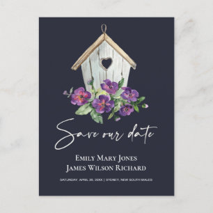NAVY BOHO RUSTIC BLOMMIGT BIRDHOUSE SPARA DATUM MEDDELANDE VYKORT