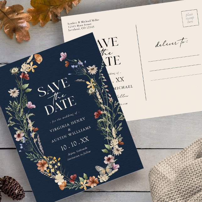 Navy Boho Spara Datum Postkort Vykort (Navy Wildflower Floral Boho Save The Date Postcard with Butterfly by Painted Paperie
)