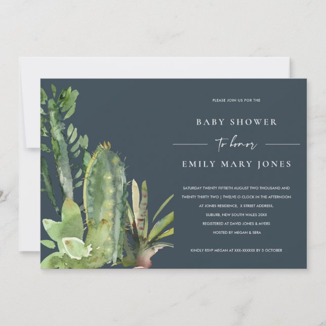 NAVY BOHO SUCCULENT DESERT CACTI FAUNA BABY SHOWER INBJUDNINGAR (Framsida)