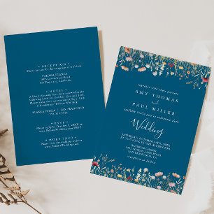 Navy Boho Wildblomma Front & Back Bröllop Inbjudningar