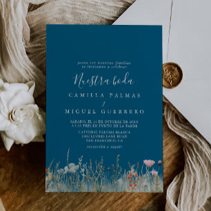 Navy Boho WildblommNuestra Boda Bröllop Inbjudningar