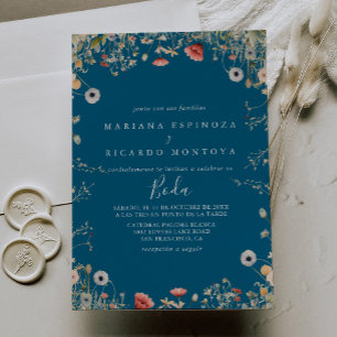 Navy Boho Wildblomspspanska Bröllop Inbjudningar