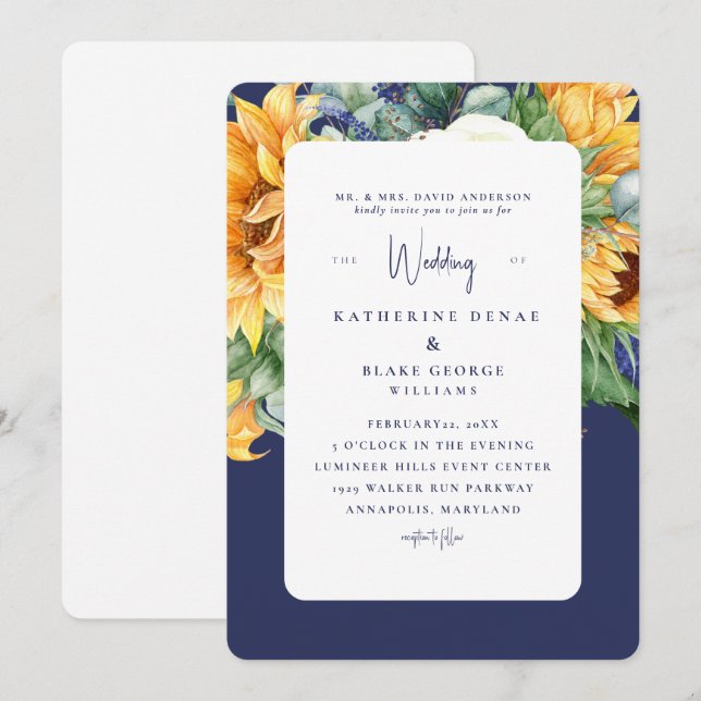 Navy Bold Sunflowers toskansk bröllop  Inbjudningar (Fram/baksida)