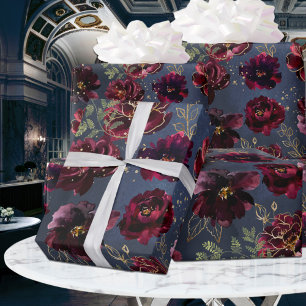 Navy Bordeaux Jewel Tone Burgundy Peony Bröllop Presentpapper