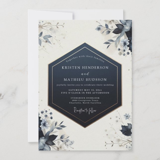 Navy Botanical Bloom Wedding Inbjudningar (Framsida)