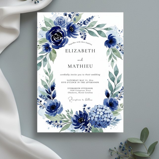 Navy Botanical Bloom Wedding Inbjudningar (Skapare uppladdad)