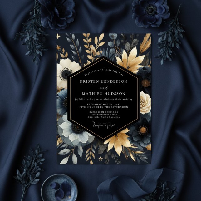 Navy Botanical Bröllopsbukett Inbjudningar (Skapare uppladdad)
