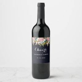 Navy Botanical Cheers Bröllopsvinsetikett Vinflaska Etikett