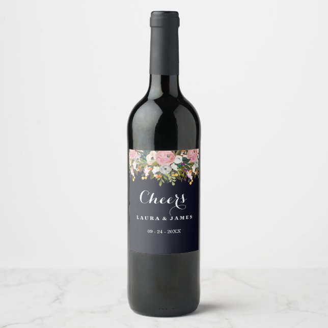 Navy Botanical Cheers Bröllopsvinsetikett Vinflaska Etikett (Framsida)