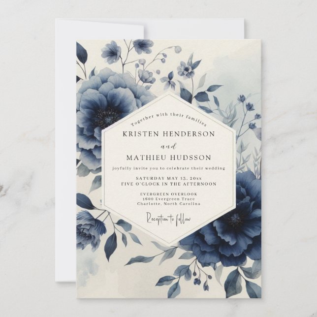 Navy Botanical Moody Wedding Inbjudningar (Framsida)