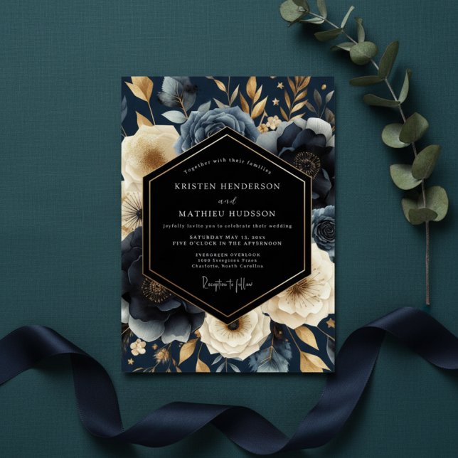 Navy Botanical Opulent Wedding Inbjudningar (Skapare uppladdad)