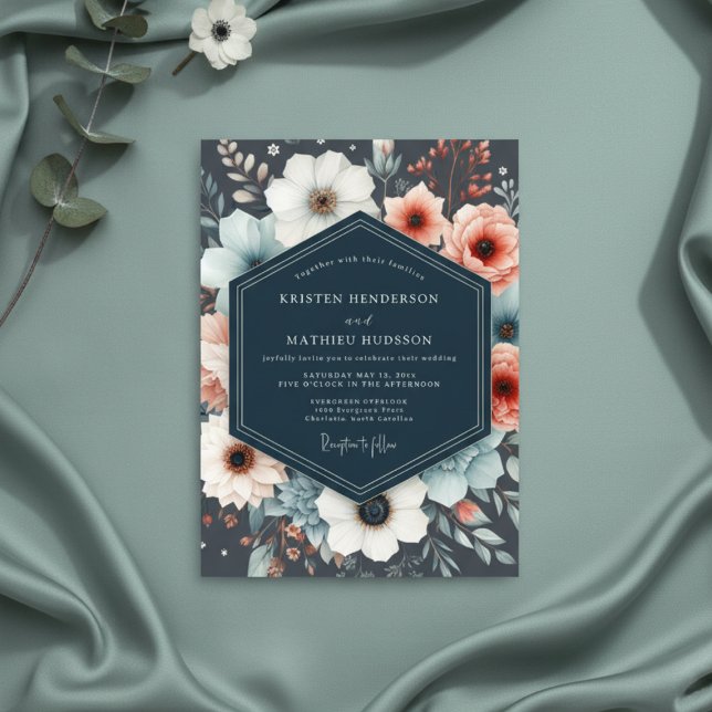 Navy Botanical Romance Wedding Inbjudningar (Skapare uppladdad)