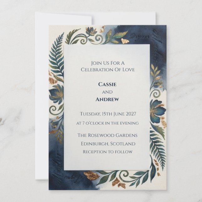 Navy Botanical Skotsk Bröllopsinbjudan Inbjudningar (Framsida)