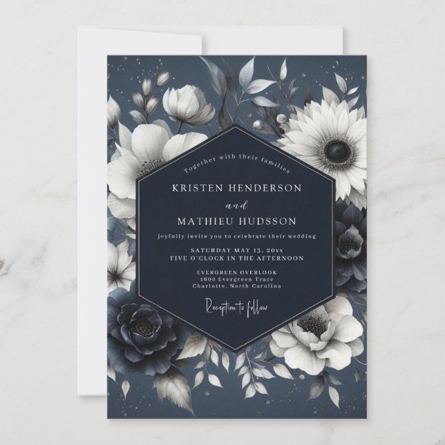 Navy Botanical Whimsy Wedding Inbjudningar (Framsida)