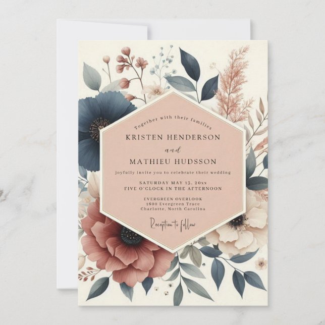 Navy Botanical Woodland Wedding Inbjudningar (Framsida)