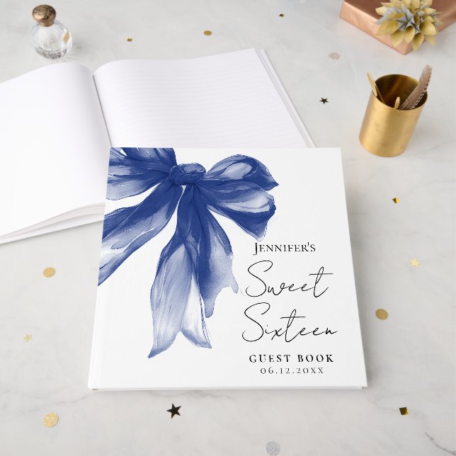 Navy Bow Coquette Script Sweet 16-fest Gästböcker (Framsidan öppen)