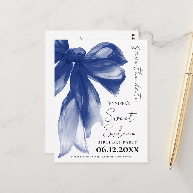 Navy Bow Coquette Sweet 16 Save the Date  Vykort (Fram/Back In Situ)