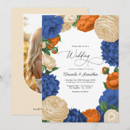 Navy, bränd orange & Champagne blomsterbröllop Inbjudningar