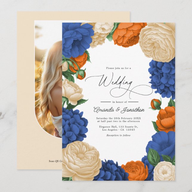 Navy, bränd orange & Champagne blomsterbröllop Inbjudningar (Fram/baksida)
