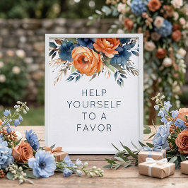 Navy Bränt Orange Blommor Favor Skylt Bröllop