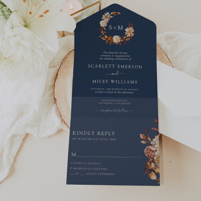 Navy Bröllop (Autumn Navy Blue Wedding All In One Invitation by Painted Paperie
)