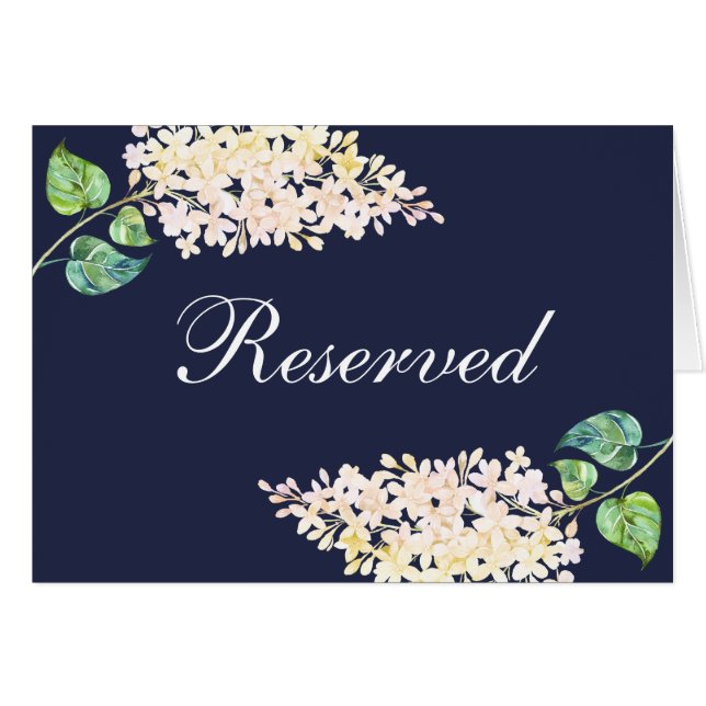 Navy bröllop reserverat skylt. Vita syren blomster OBS Kort (Framsidan Horizontal)