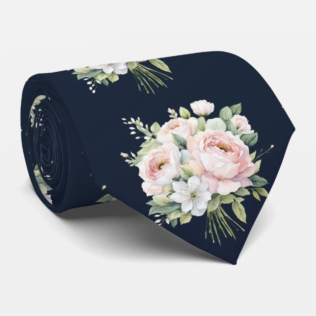 Navy Bröllop Tie Rosa Peonies Slips (Rullad)