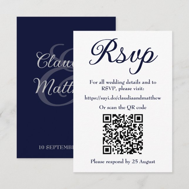 Navy bröllopswebbplats RSVP med QR-kod OSA Kort (Fram/baksida)