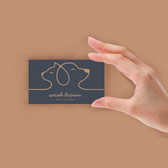 Navy Brun Hund Katt Husdjur Linjärt Logo Visitkort (Navy Brown Dog Cat Pet Linear Logo Business Card)