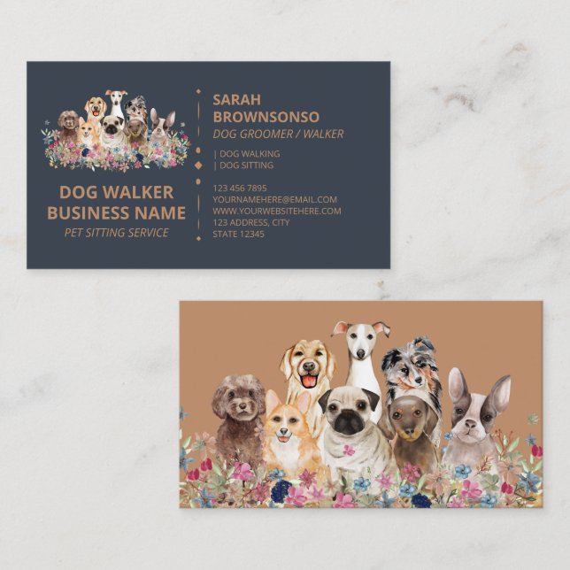 Navy Brun Online Hundpromenad Service Butik Husdju Visitkort (Fram/baksida)