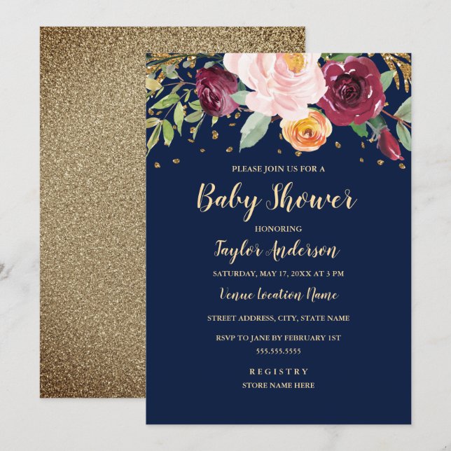 Navy Burgunder Blommig Glitter Bebis Shower Inbjudningar (Fram/baksida)