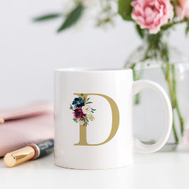 Navy Burgundy Akvarell Blommig Monogram Kaffemugg