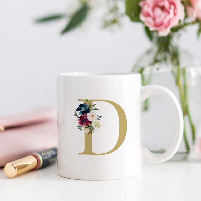 Navy Burgundy Akvarell Blommig Monogram Kaffemugg (Skapare uppladdad)