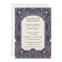 Navy Burgundy Art Deco Bröllopsinbjudan