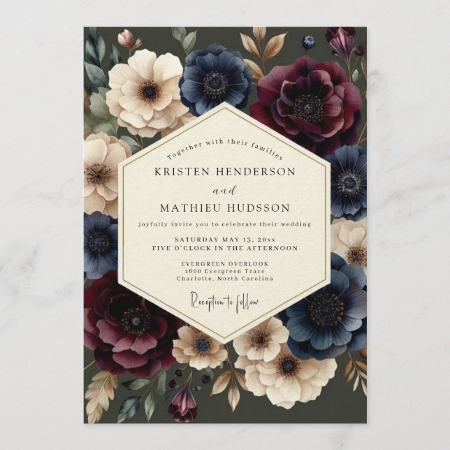 Navy Burgundy Baroque Wedding Inbjudningar (Framsida)