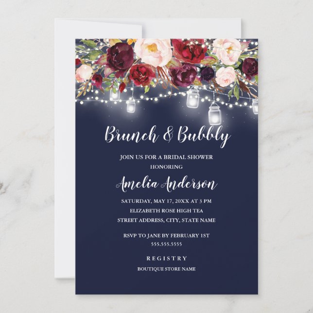 Navy Burgundy Blommig Ljus Brunch Och Bubbly Inbjudningar (Framsida)