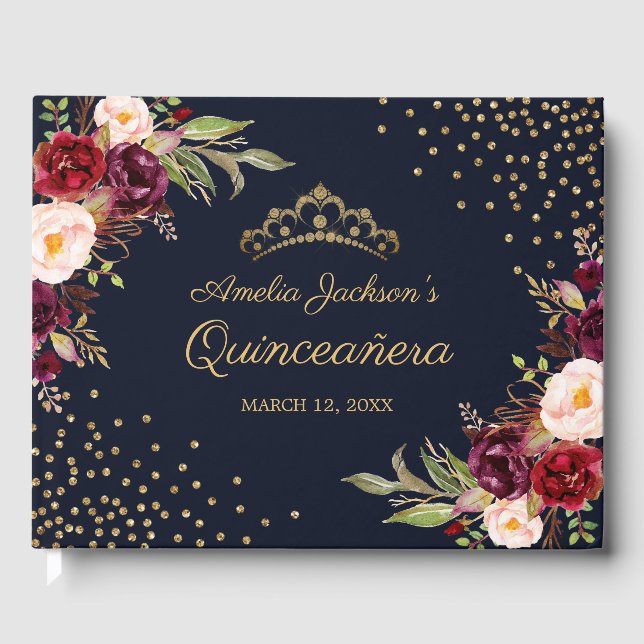 Navy Burgundy Blommig Quinceanera Gästbok (Framsida)