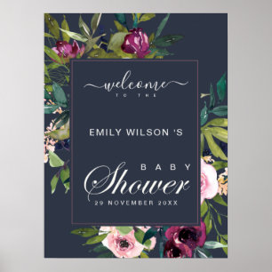 NAVY BURGUNDY BLOMMIGT BABY SHOWER WELCOME POSTER