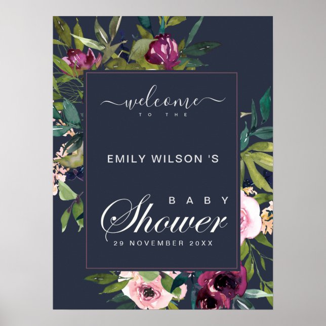 NAVY  BURGUNDY BLOMMIGT BABY SHOWER WELCOME POSTER (Framsidan)