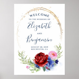 Navy Burgundy Blommigt Bröllop Välkomstskylt Poster