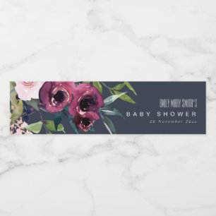 NAVY BURGUNDY BLOMMIGT BUNCH BABY SHOWER VATTENFLASKOR ETIKETT