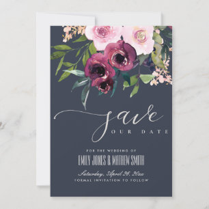 NAVY  BURGUNDY BLOMMIGT BUNCH BRÖLLOP SPARA DATUMET
