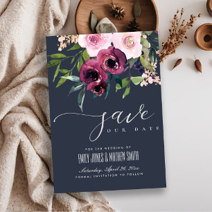 NAVY  BURGUNDY BLOMMIGT BUNCH BRÖLLOP SPARA DATUMET