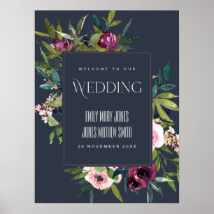 NAVY BURGUNDY BLOMMIGT BUNCH BRÖLLOP WELCOME POSTER