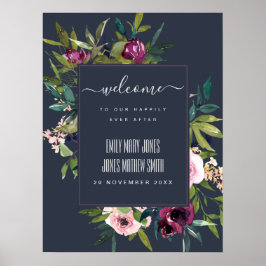 NAVY  BURGUNDY BLOMMIGT BUNCH BRÖLLOP WELCOME POSTER