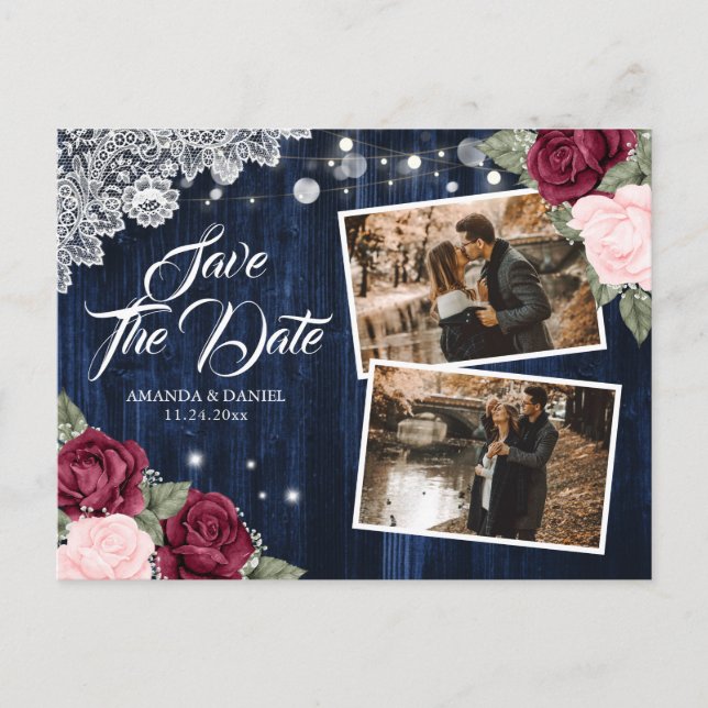 Navy Burgundy Blush Floral Wood Lace Wedding Photo Meddelande Vykort (Framsida)