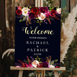 Navy Burgundy Boho Blommigt Välkommen Bröllop-sign Poster