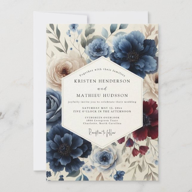 Navy & Burgundy Classic Floral Wedding Inbjudningar (Framsida)