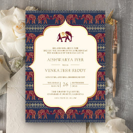 Navy Burgundy Elefant All in One Indiskt Bröllop Inbjudningar