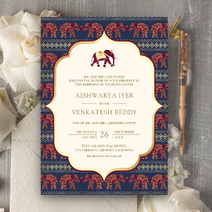 Navy Burgundy Elefant All in One Indiskt Bröllop Inbjudningar